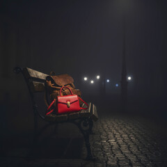 A woman's handbag and a leather backpack lie on a bench