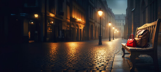 A woman's handbag and a leather backpack lie on a bench. Image with free space for text.