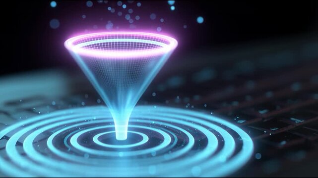 Abstract Holographic Funnel: An abstract image of a digital funnel emitting energy beams. This futuristic design evokes a sense of technological advancement and data processing.