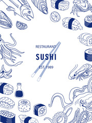Banner template with sushi and seafood illustration. Hand-drawn sushi rolls with rice, octopus, squid, shrimp, mussels, and salmon. Background image of Asian food in retro style. Vector illustration.