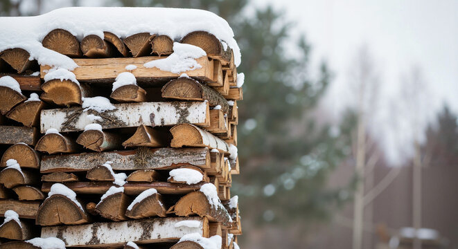 Stacked firewood covered in snow during winter in a forest   - Powered by Adobe
