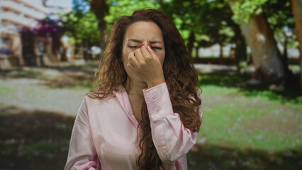 Woman pinching nose in forest park with closed eyes and pink shirt, long curly hair and sunlit...