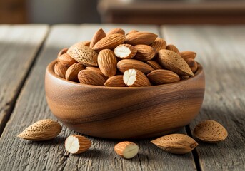 Fresh almonds fill a rustic wooden bowl, a healthy snack on a textured wooden table, ideal for nutrition blogs and organic food promotions
