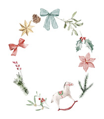 Watercolor Illustration of a wreath made of Christmas plants, decorations, and bows. Cozy winter design. Hand painted element for invitation, social media and posters.