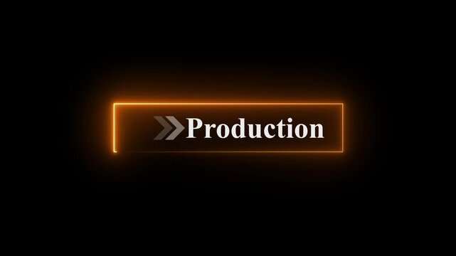 Neon production button animation on black background with glowing arrows pointing right, digital workflow interface, futuristic UI interaction, glowing neon button, interactive production click effect