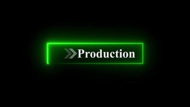 Neon production button animation on black background with glowing arrows pointing right, digital workflow interface, futuristic UI interaction, glowing neon button, interactive production click effect