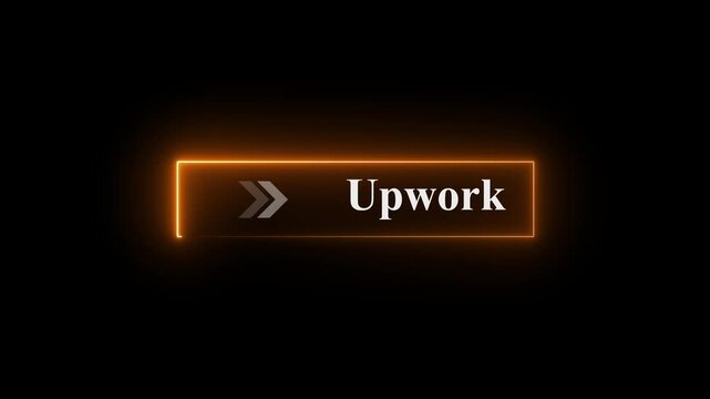 Neon Upwork button animation on black background with glowing arrows pointing right, freelance platform icon, digital UI interaction, glowing neon interface, interactive Upwork click effect
