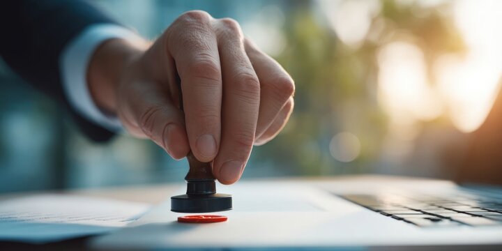 Businessman Using Digital Signature to Approve Documents on Laptop