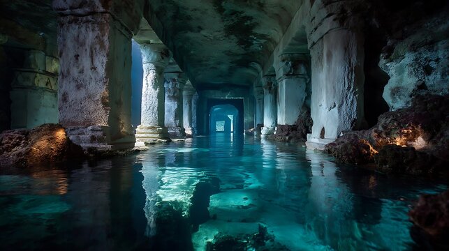 ocean-covered ruins beneath crystal-clear water, glowing coral reclaiming ancient architecture, hauntingly beautiful mood, fine art underwater lighting 