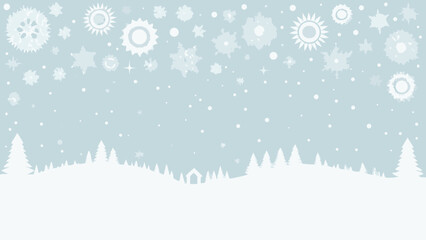 Winter landscape with snow covered trees and falling snowflakes in a light blue sky background