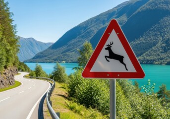Deer crossing warning sign on a winding road in norway
