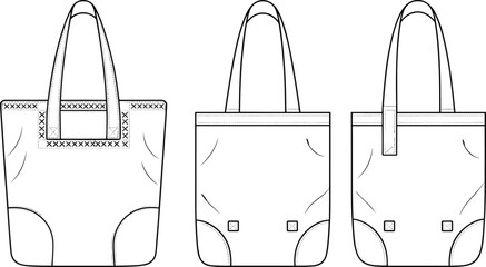 Tote bag technical flat sketch, detailed vector illustration showing front and back views, fashion accessory template for design and production use