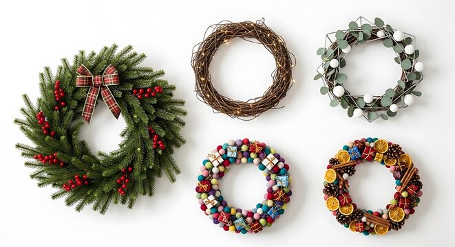 Five assorted decorative holiday wreaths, including a traditional evergreen wreath with a bow, a grapevine wreath, a eucalyptus wreath, and two colorful craft wreaths, all isolated on white background