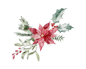 Watercolor Illustration of a bouquet of poinsettia, Christmas tree, and holly. Cozy winter design. Hand painted element for invitation, social media and posters.