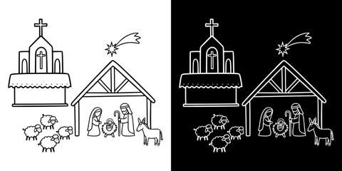 Fototapeta premium Nativity scene illustration with church, animals, and star, isolated vector image, two versions on transparent and black backgrounds, pencil drawing, chalk drawing 