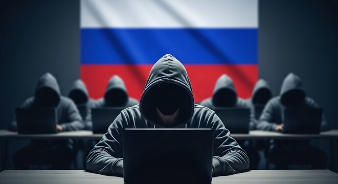 Hooded hackers at laptops in a dark room with the russian flag, depicting cyber warfare and digital security threats