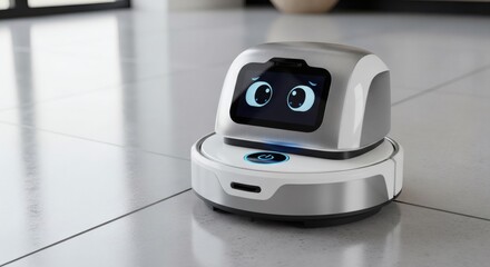 Adorable robot friend with big eyes on a charging station, a charming companion for your modern home or office