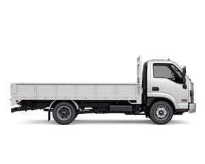 White flatbed truck with detailed chassis on white background