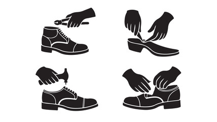 Shoe repair process icons showing hands fixing shoes with tools vector illustration for shoemaking and mending tutorials