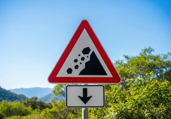 Falling rocks warning sign with arrow against clear sky