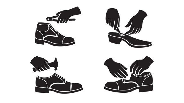 Shoe repair process icons showing hands fixing shoes with tools vector illustration for shoemaking and mending tutorials