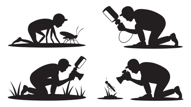 Silhouette illustrations of a photographer capturing insects vector design on white background ideal for nature and wildlife content