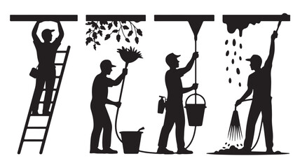 Silhouette illustration of a man cleaning gutters using a ladder hose and various tools vector design for home maintenance and repair services