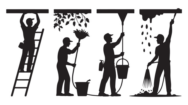 Silhouette illustration of a man cleaning gutters using a ladder hose and various tools vector design for home maintenance and repair services