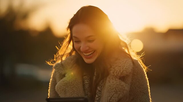 A young woman stands against a vibrant sunset, holding a tablet while her hair shines in the warm light. The young woman's relaxed posture showcases a moment of contemplation and f