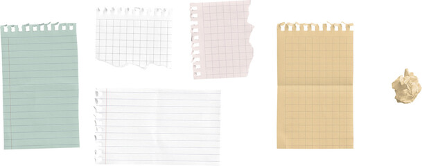 Set of Ripped Notebook Papers with Wrinkled Ball isolated on transparent background
