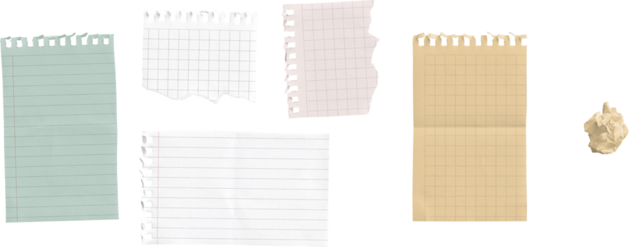 Set of Ripped Notebook Papers with Wrinkled Ball isolated on transparent background