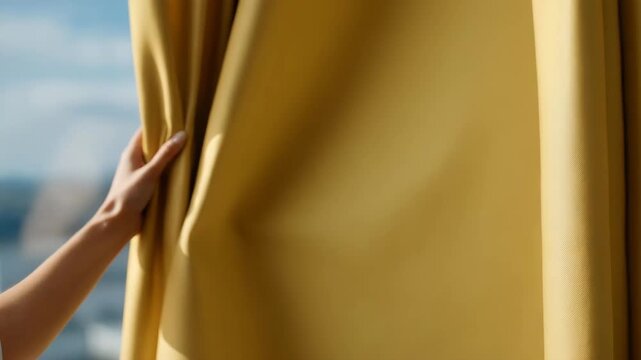 Hand pulling open curtains to let bright daylight flood a room &mdash; concept of fresh start, morning routine, home wellness, natural light inspiration, and lifestyle interior photography. cinematic