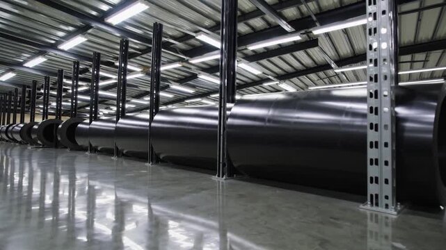 Large industrial warehouse displays rows of black pipes in preparation for construction projects