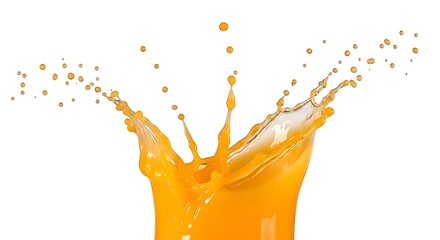 Vibrant orange juice splash frozen in motion, capturing the dynamic eruption of liquid droplets against a clean white background, perfect for beverage and refreshment concepts