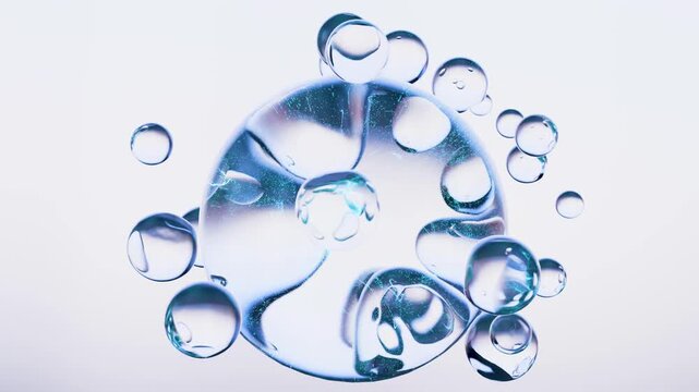 Transparent cosmetic gel fluid, serum with 3D molecules, bubbles cream, gel, moisturizer, cosmetic, liquid gel drops, hyaluronic , Close-up liquid oil, Natural Organic Cosmetics, skin care, beauty ani