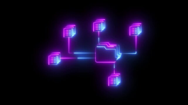 neon document management system icon connecting multiple files and folders. folder and document icons connected. diagram illustrating a central folder connected icon to multiple stacks of documents.
