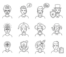 Line Art People Icon Pack – AI Brain, Business Growth, Finance, Security & Creative Concept Characters