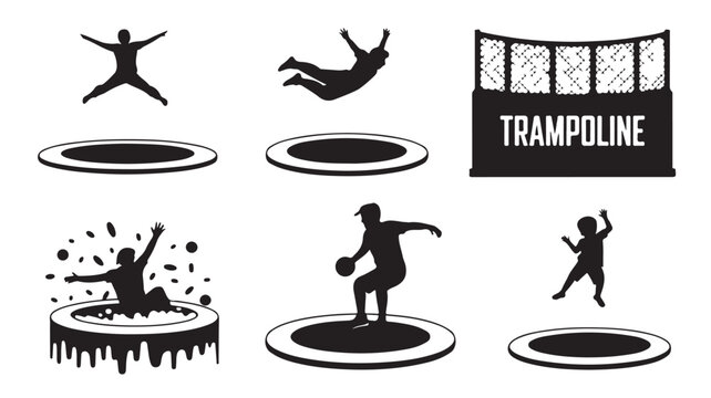 Trampoline silhouette vector set various jumping poses and activities isolated design elements for recreation and fitness concepts