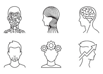 Line Art AI Heads – Brain Icons, Neural Circuit Faces, Tech Mind Silhouettes Vector Set