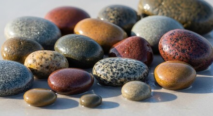 A collection of colorful lake superior rocks and stones on a white surface, showcasing their unique patterns