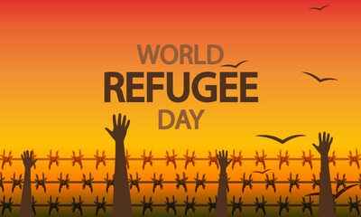 World Refugee Day hands and barbed wire, vector art illustration.