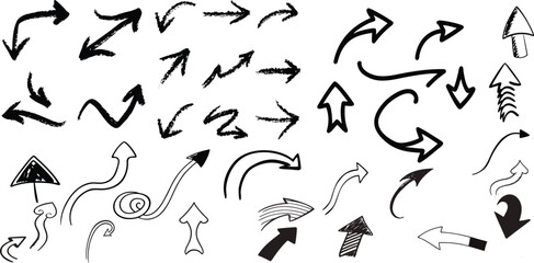 Fototapeta premium Arrow crayon doodle chalk icons set. Hand-drawn freehand different curved lines, swirls arrows. Direction pointers. Grunge scribble chalk marker drawing, black chalk smears. Vector illustration 