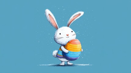 Charming Easter bunny holding a colorful striped egg against a soft blue backdrop, perfect for spring celebrations and heartwarming greetings, adding joy to any project