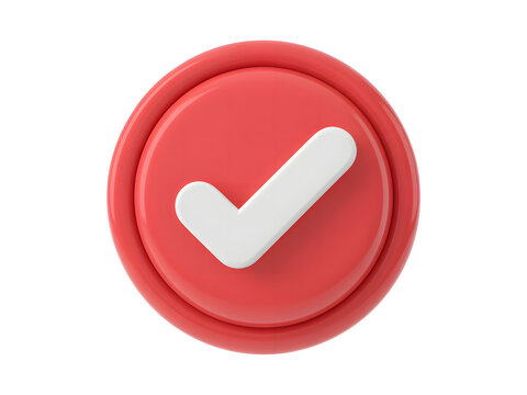 Red circular button with a white checkmark symbol isolated on white background