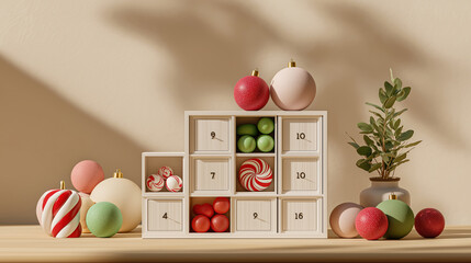 Modern Christmas advent calendar with festive decorations. Holiday still life with ornaments and candy for the winter season countdown
