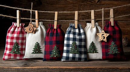 Rustic homemade Christmas advent calendar with fabric bags. Holiday countdown decoration hanging on a string against a wooden background