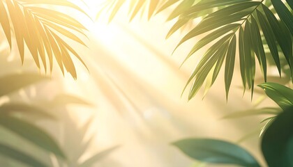 Serene tropical background scene with sunlight streaming softly through lush green palm leaves