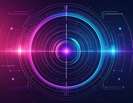 A vibrant digital illustration features a central target design with concentric circles and lines, glowing in pink and blue hues