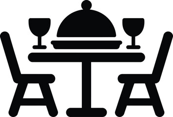 Elegant dining table for two with cloche and wine glasses icon