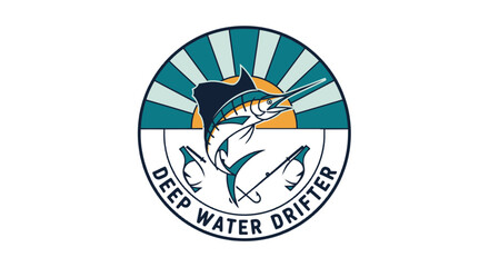 Circular logo design featuring a jumping marlin fish above two fishing lures with text deep water drifter isolated on